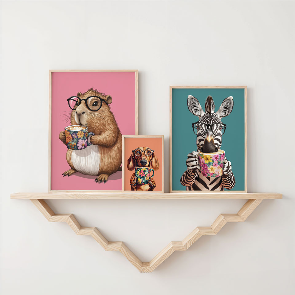 a shelf with three pictures of animals on it