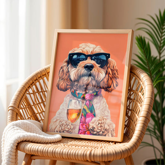 a picture of a dog wearing sunglasses and holding a wine glass