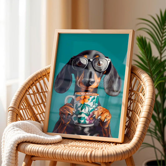 a picture of a dachshund holding a cup of coffee