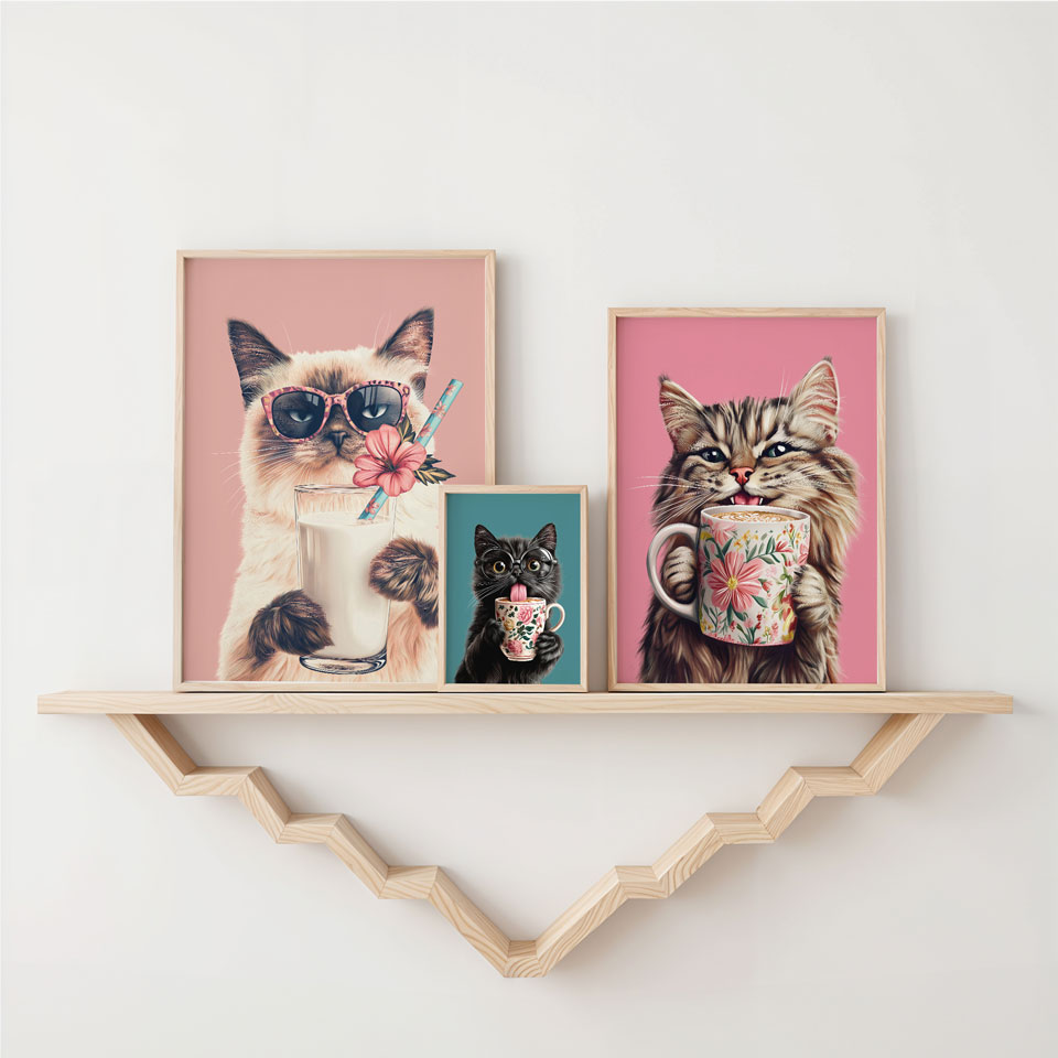 a shelf with three pictures of cats on it
