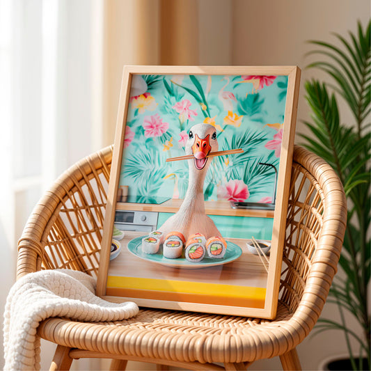 a painting of a duck on a plate of sushi