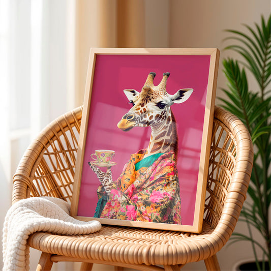a picture of a giraffe with a pink background