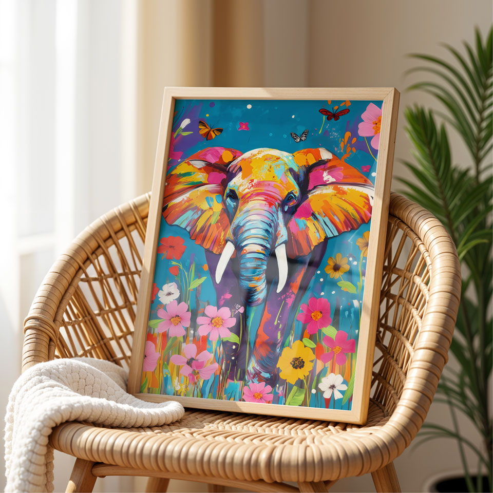 a painting of an elephant on a wicker chair