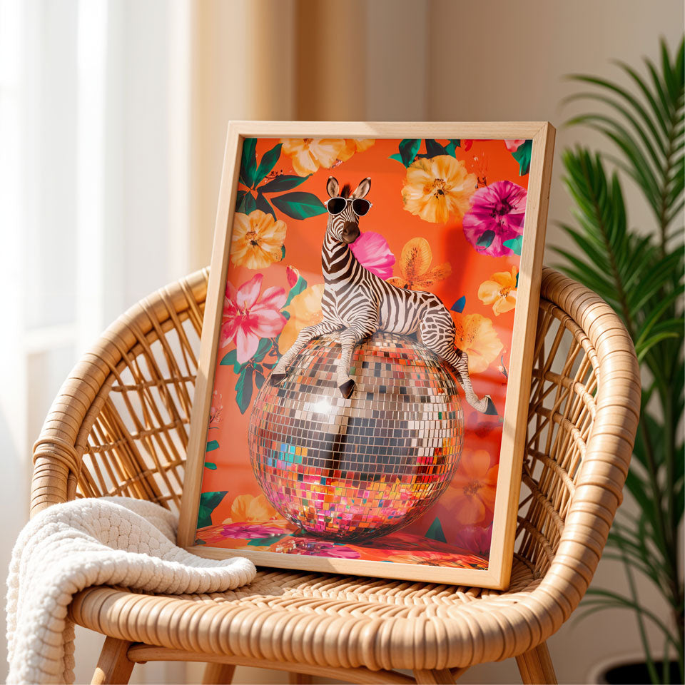 a picture of a zebra sitting on top of a disco ball