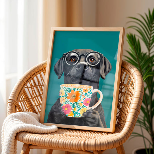 a picture of a dog with glasses holding a cup