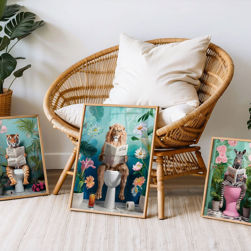 a wicker chair sitting next to a bunch of pictures