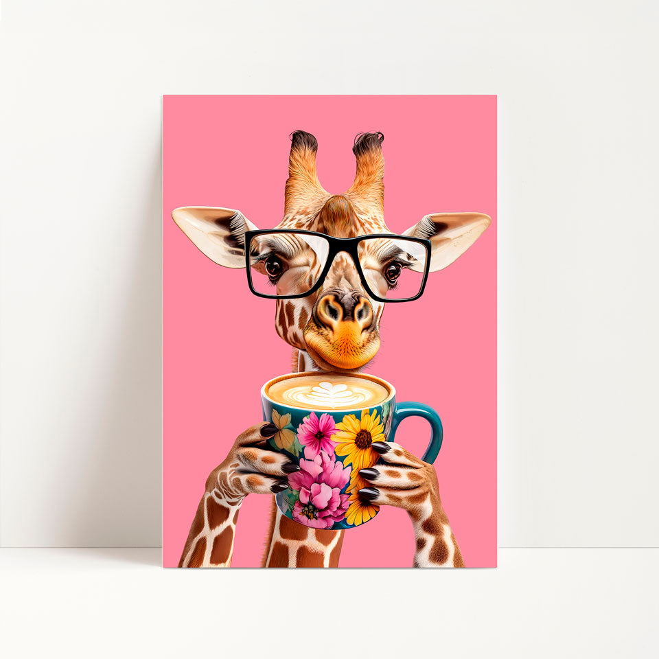 a giraffe wearing glasses holding a cup of coffee
