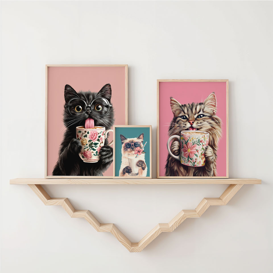 a shelf with three pictures of cats on it