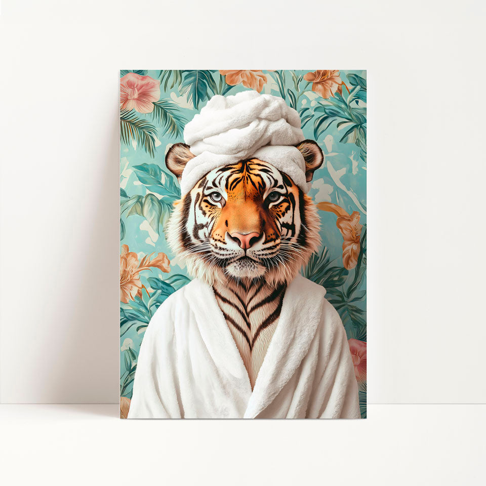 a painting of a tiger wrapped in a towel