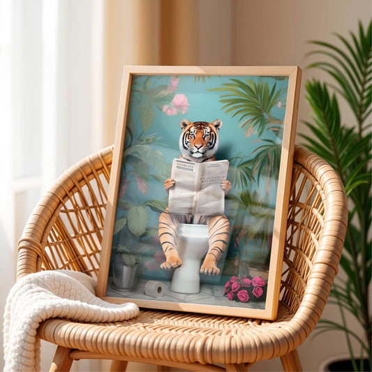 a picture of a tiger sitting on top of a toilet