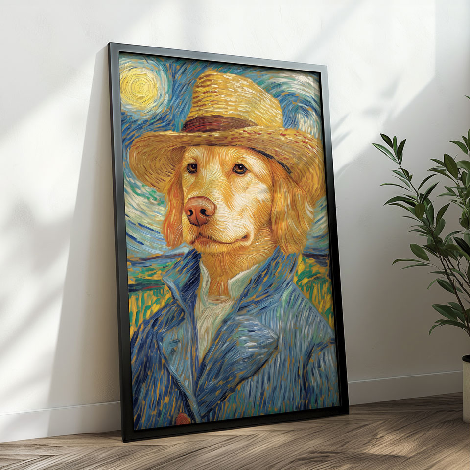 a painting of a dog wearing a straw hat