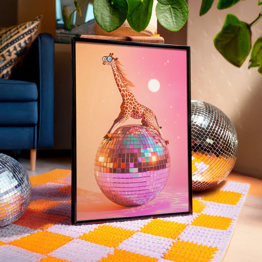 a picture of a giraffe standing on top of a disco ball