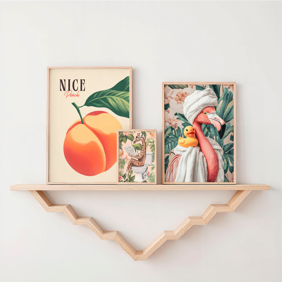 a shelf with two framed pictures on it
