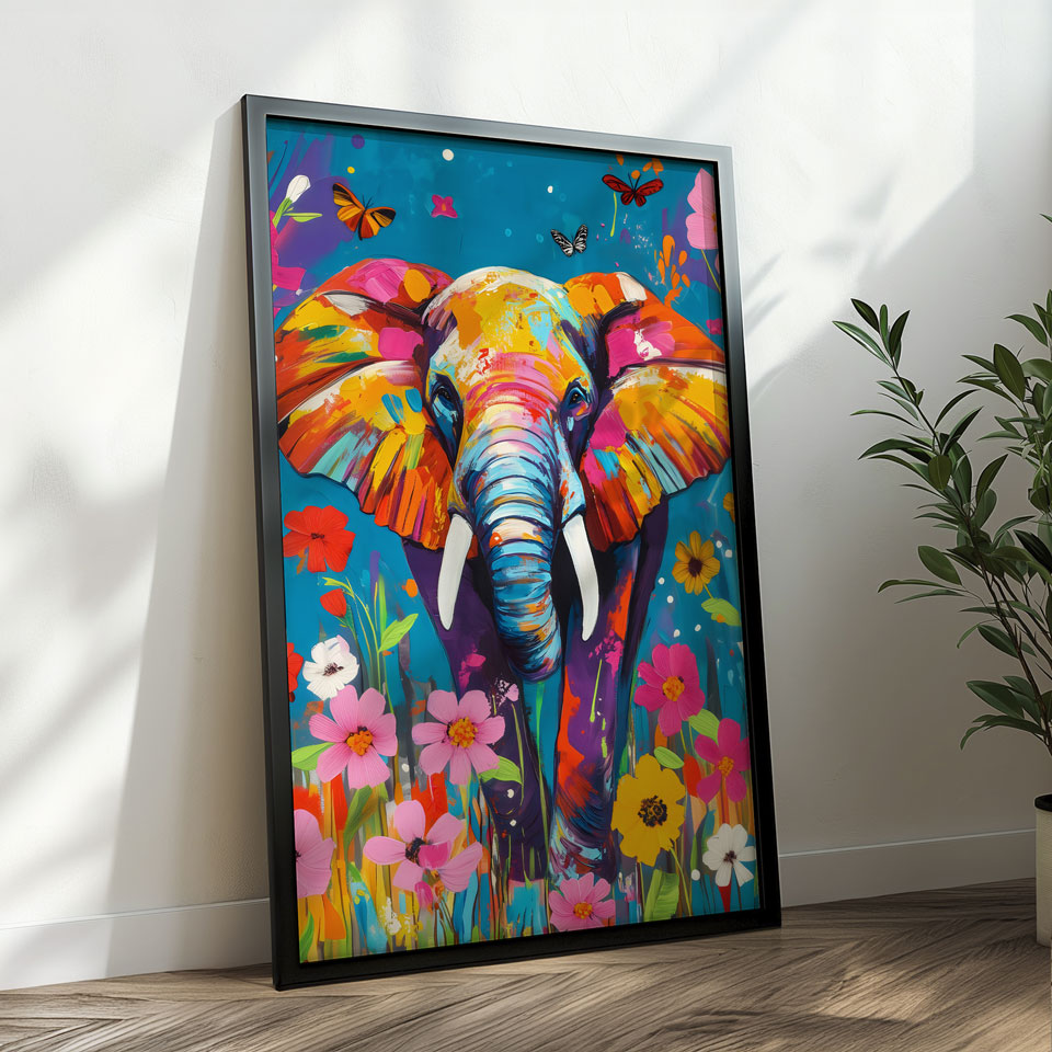 a painting of an elephant with colorful flowers
