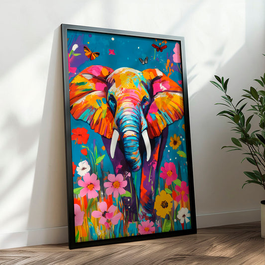 a painting of an elephant with colorful flowers