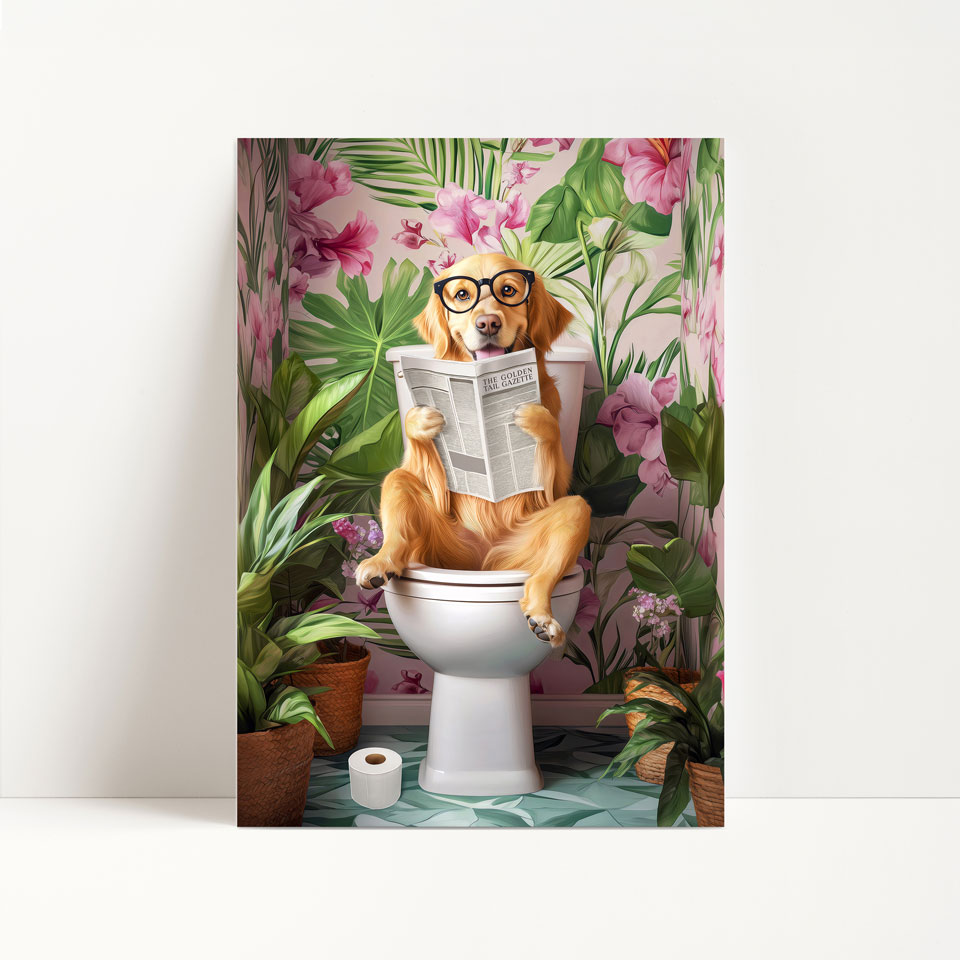a dog sitting on a toilet reading a newspaper