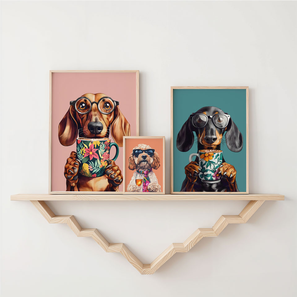 a couple of pictures of a dog on a shelf