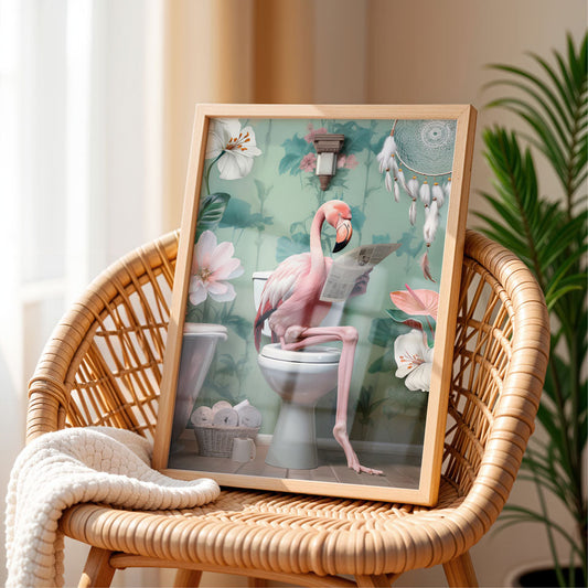 a picture of a pink flamingo sitting on a toilet
