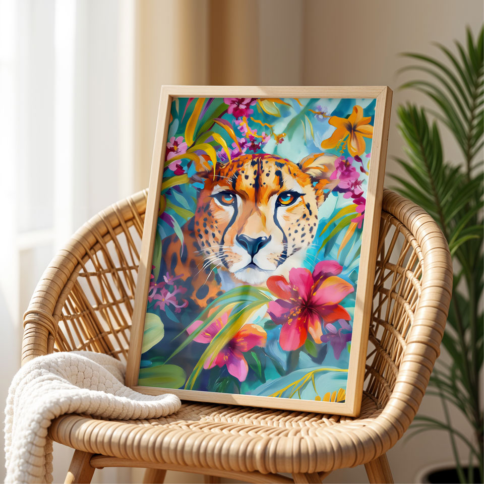 a painting of a tiger is on a wicker chair