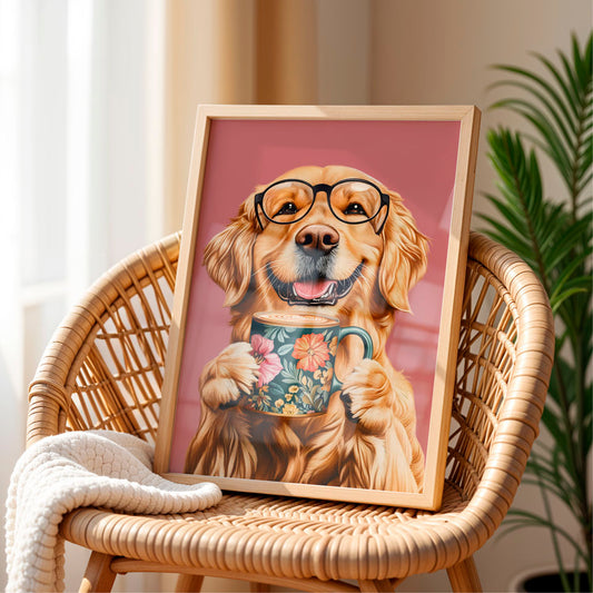 a picture of a golden retriever with a cup of coffee