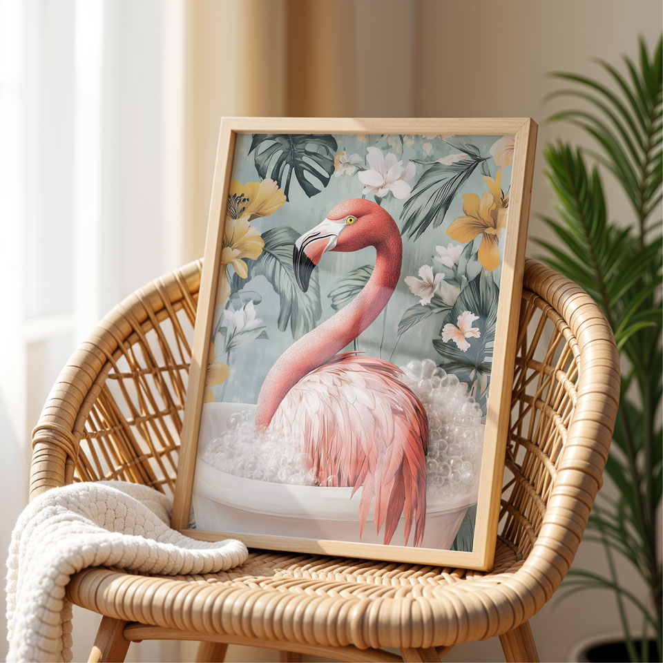 a picture of a pink flamingo in a bathtub