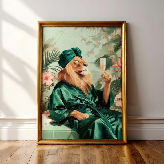 A framed painting depicting a lion wearing a green robe and holding a glass of wine, surrounded by tropical foliage.