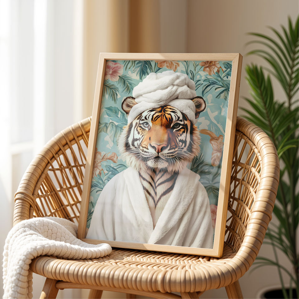 a picture of a tiger in a robe on a chair