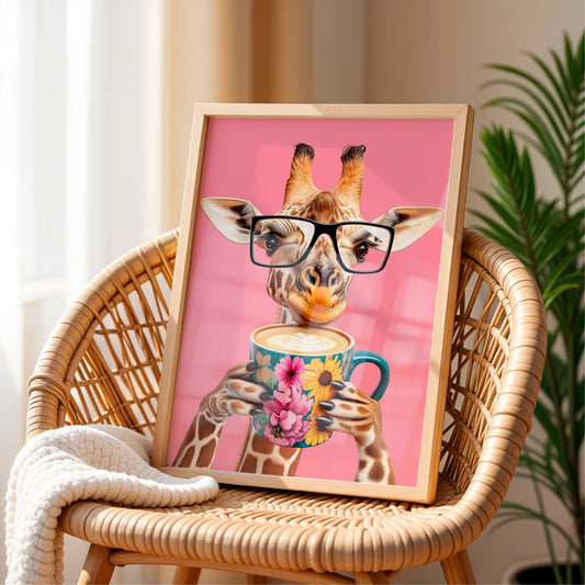 a picture of a giraffe holding a cup of coffee