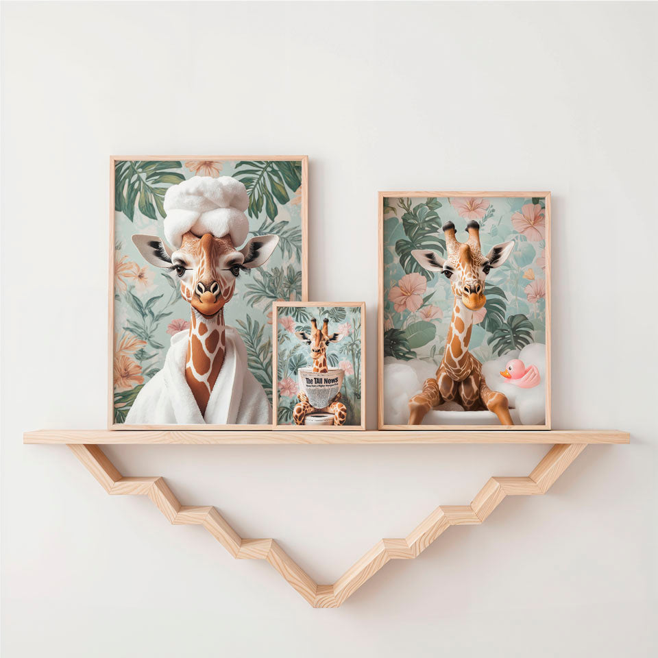 a couple of giraffes are on a shelf