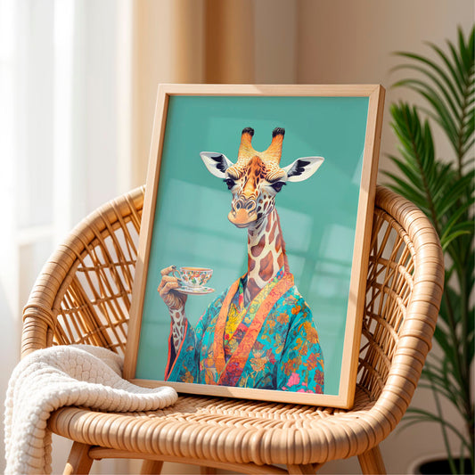 a picture of a giraffe is on a chair