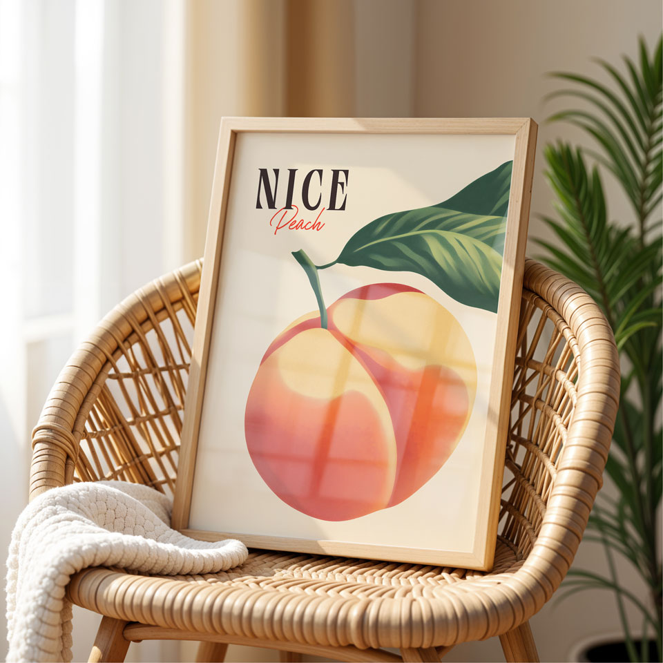 a picture of a peach sitting on a wicker chair