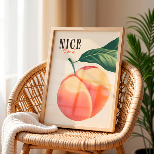 a picture of a peach sitting on a wicker chair