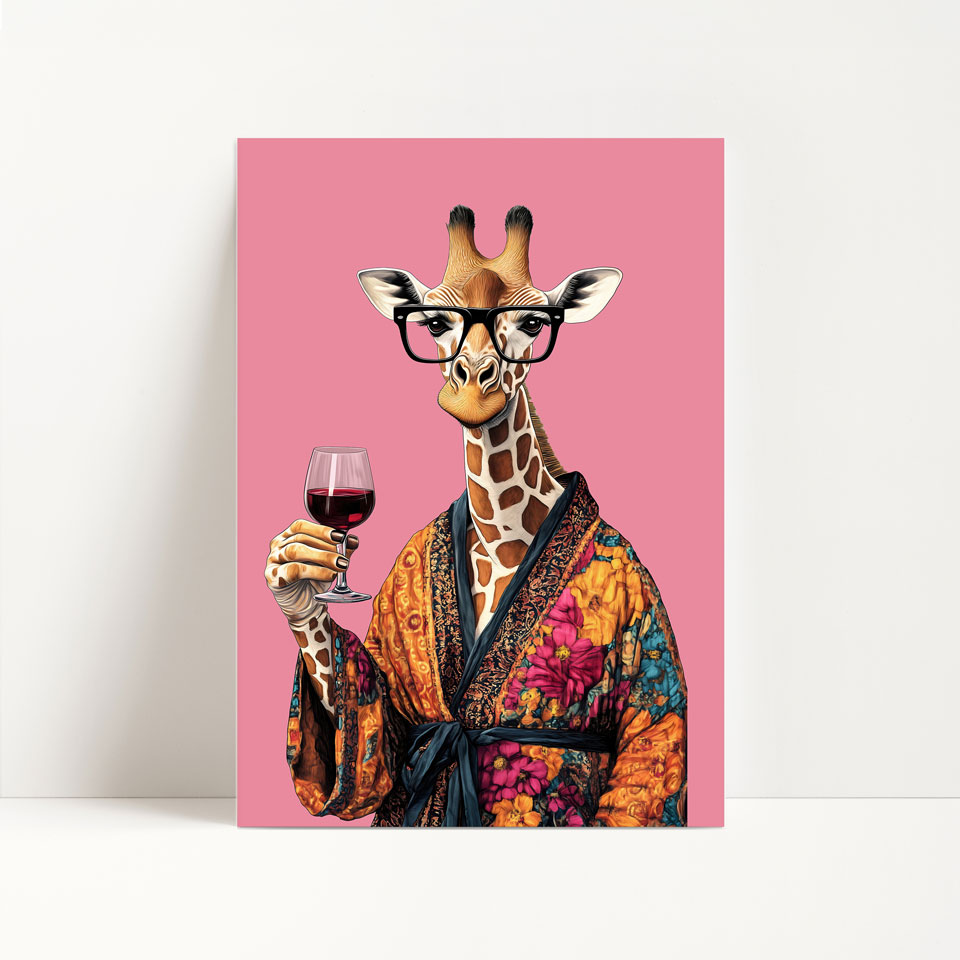 a giraffe wearing glasses holding a wine glass