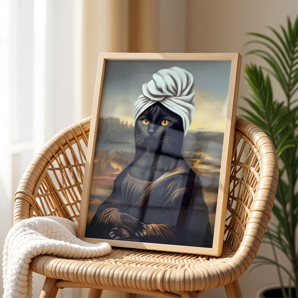 a painting of a woman with a turban sits on a wicker chair