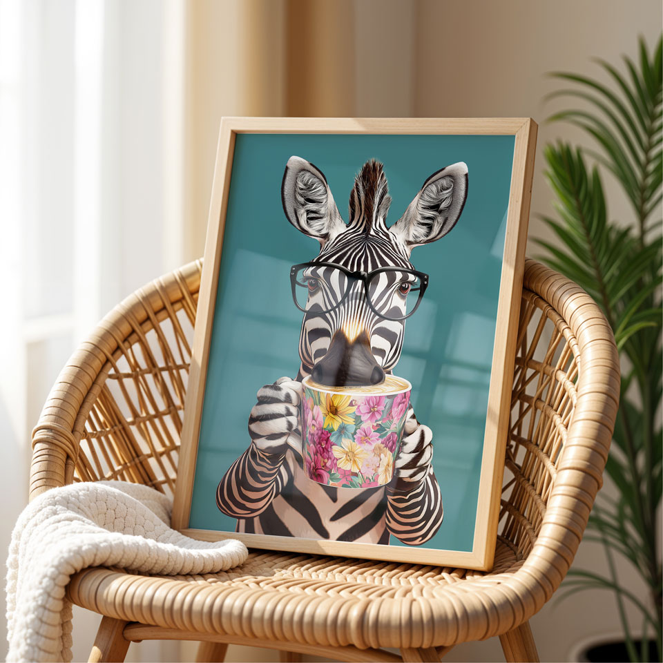 a picture of a zebra holding a cup of coffee