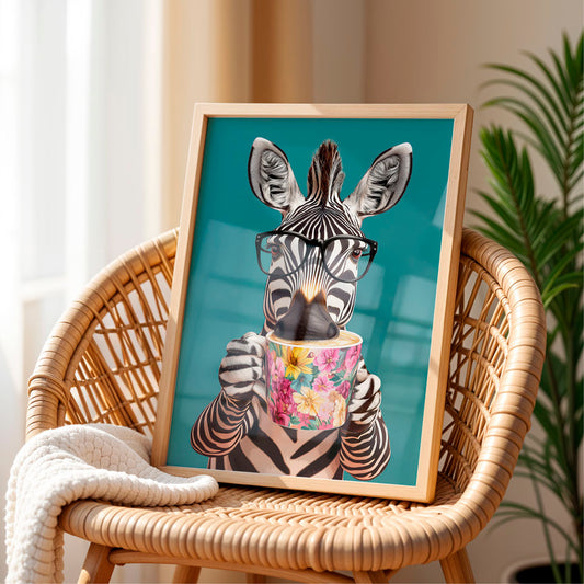 a picture of a zebra holding a cup of coffee