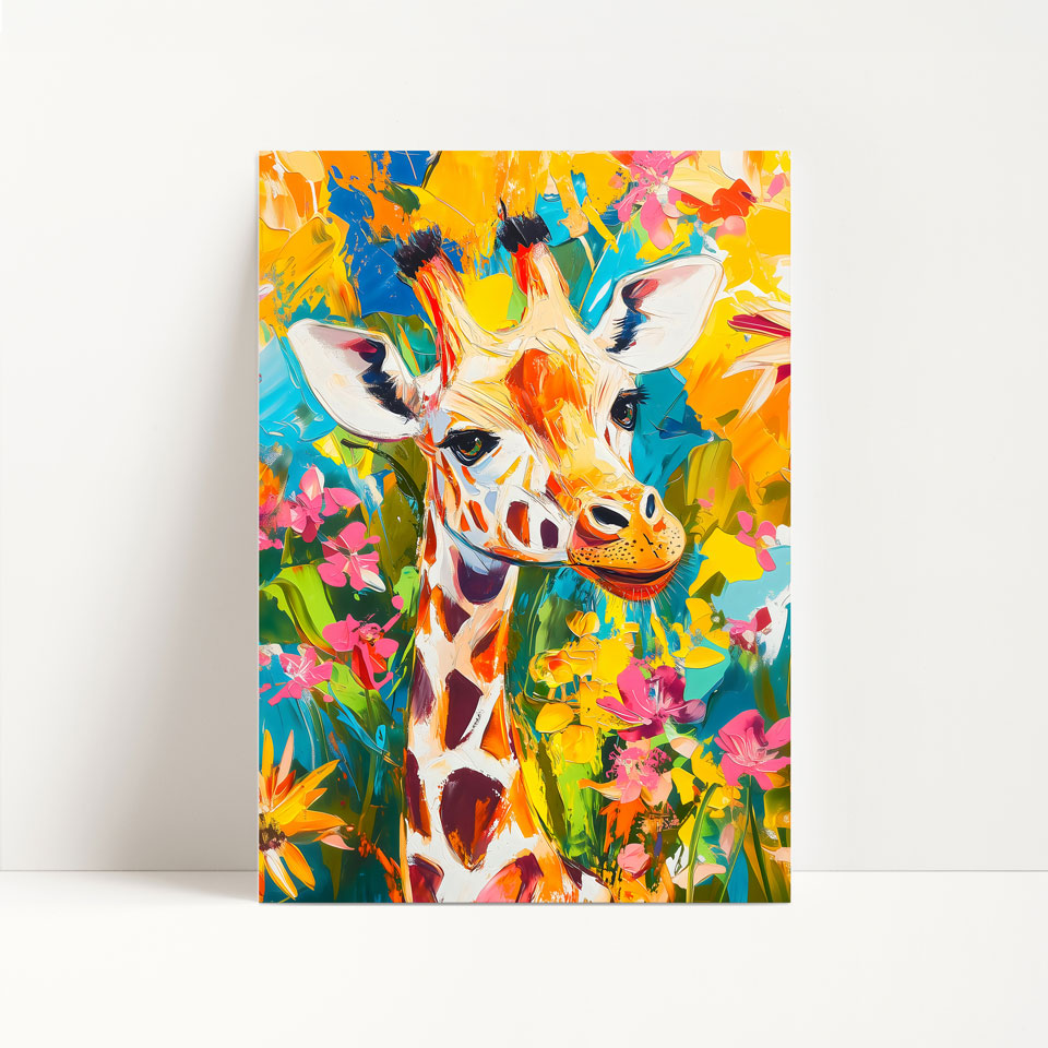 a painting of a giraffe in a field of flowers