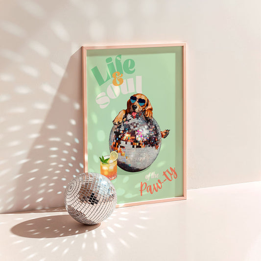 a picture of a disco ball and a poster