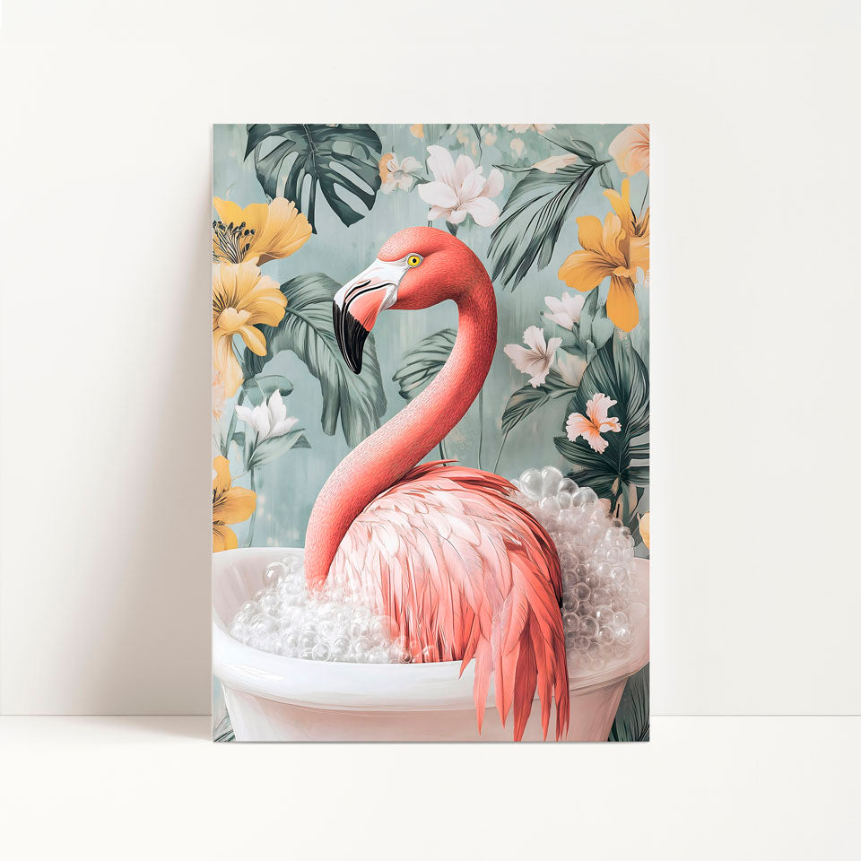 a painting of a pink flamingo in a bathtub