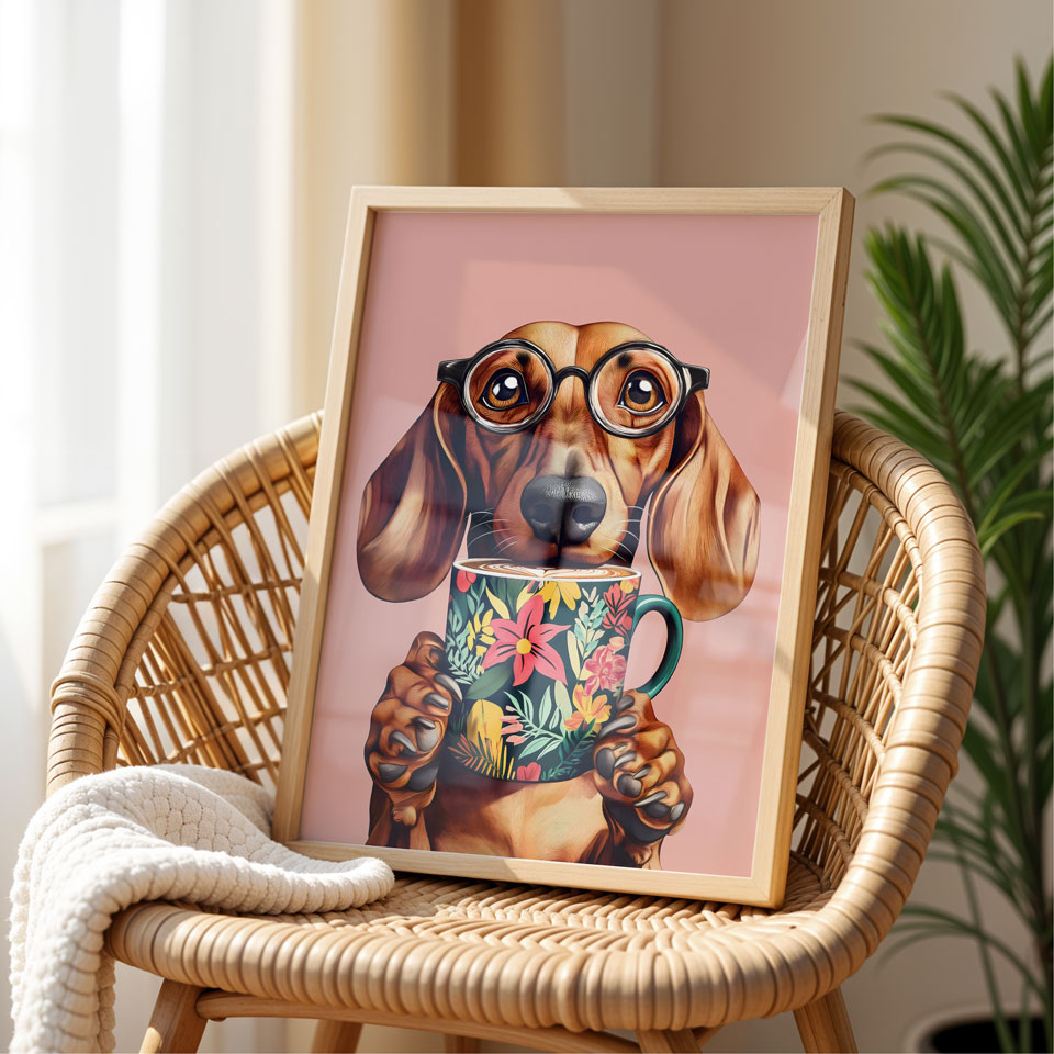 a picture of a dachshund holding a coffee cup
