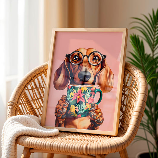 a picture of a dachshund holding a coffee cup