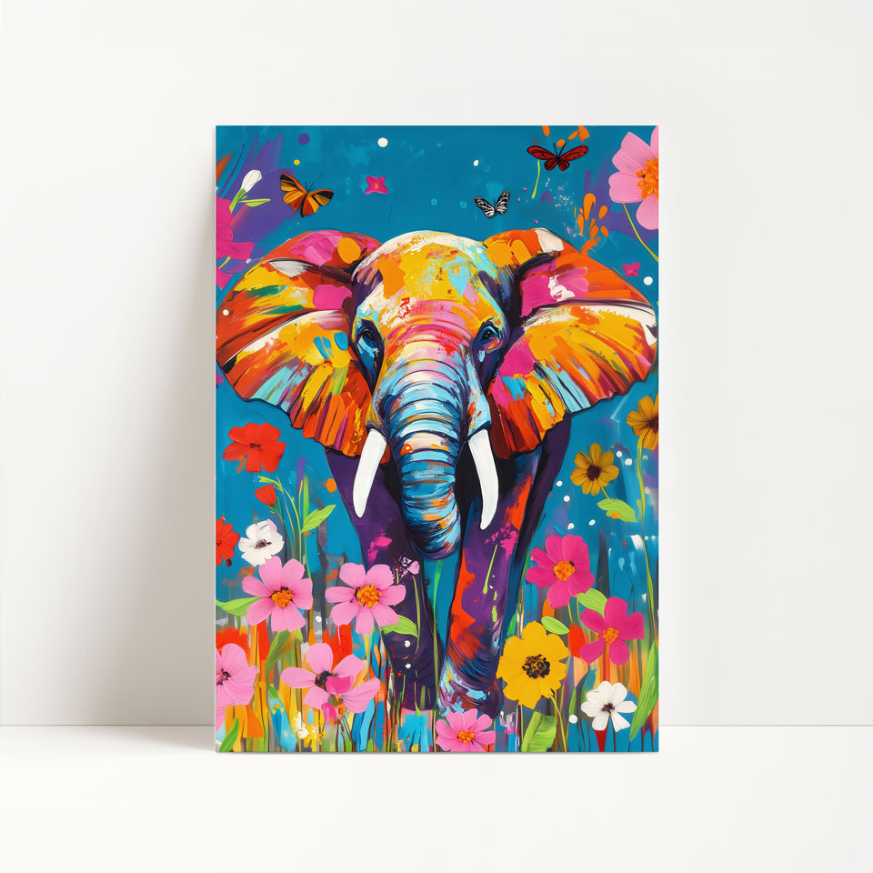 a painting of an elephant in a field of flowers