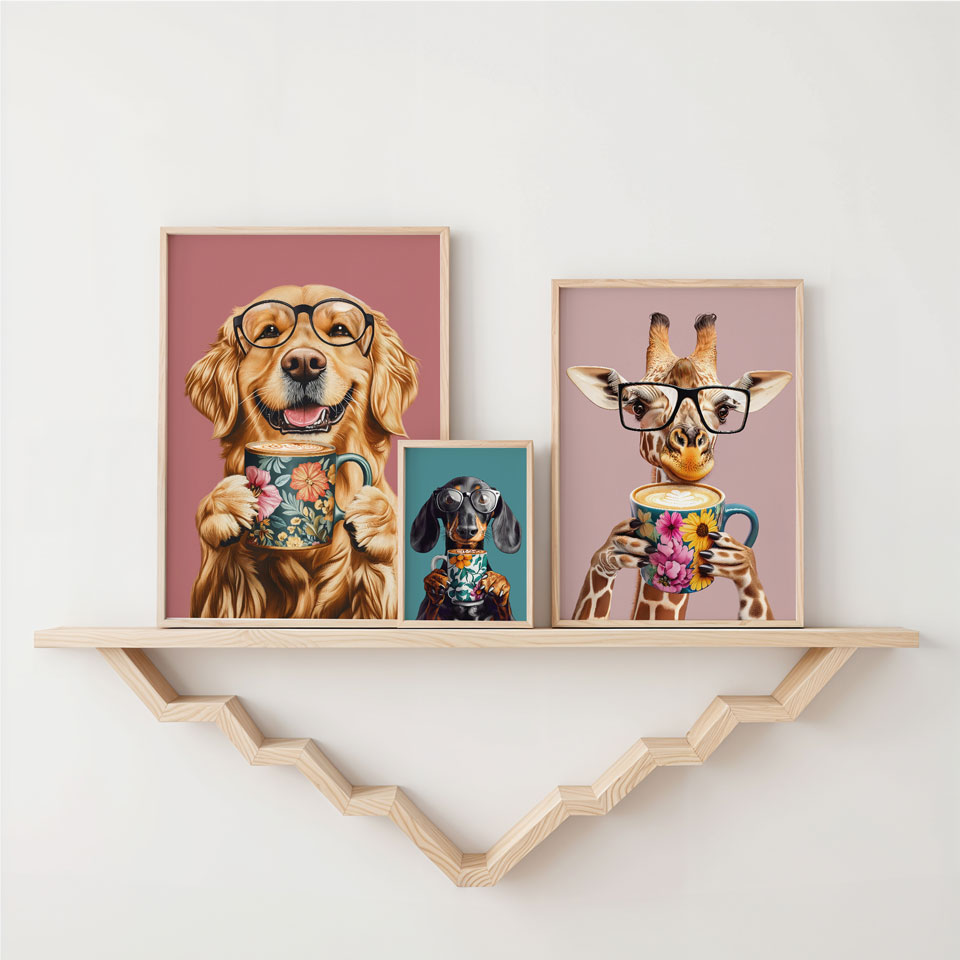 a couple of pictures of a dog and a giraffe on a shelf