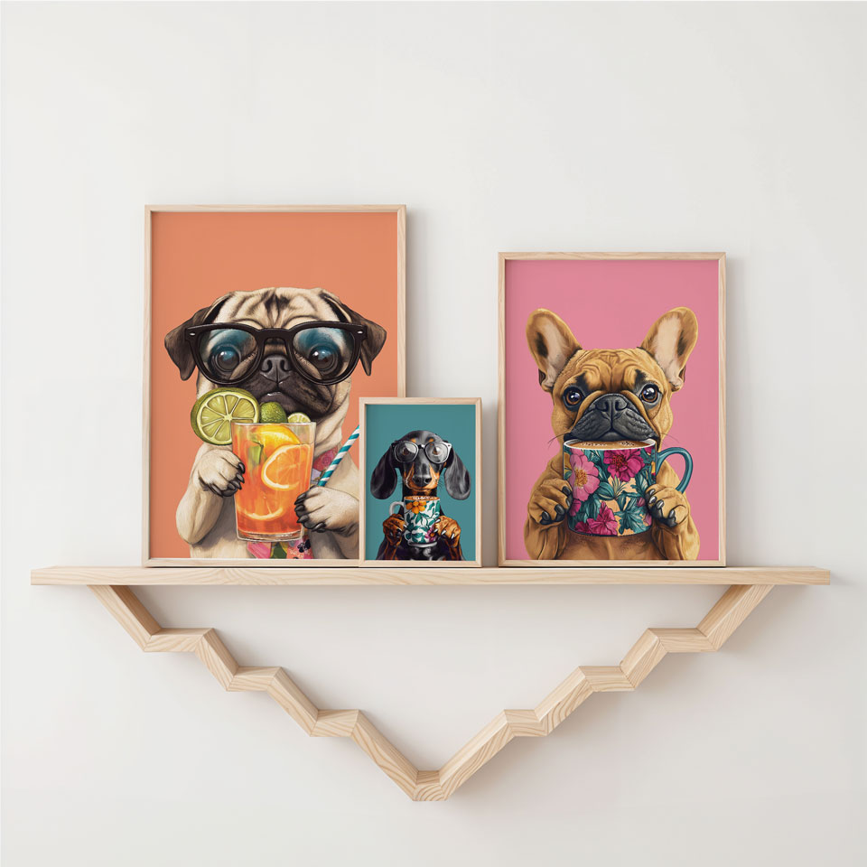 a shelf with three pictures of dogs on it
