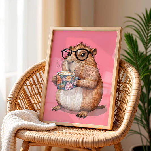 a painting of a rodent holding a cup of coffee