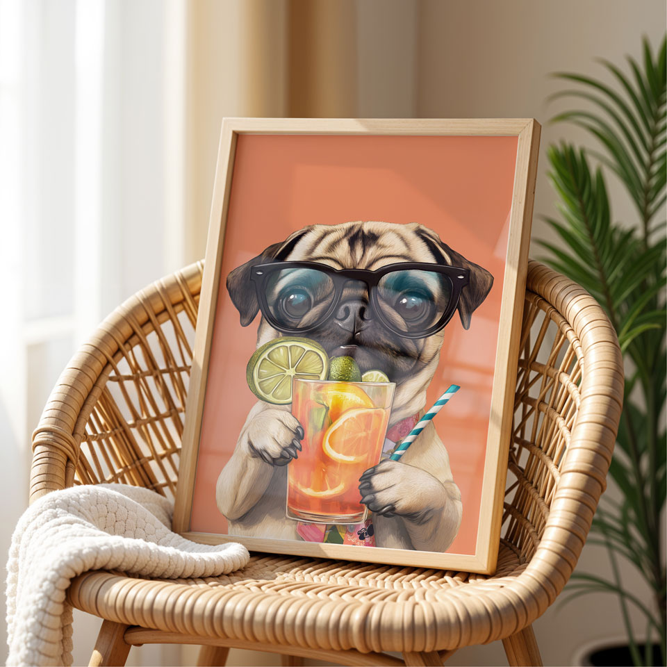 a picture of a pug dog wearing glasses holding a drink