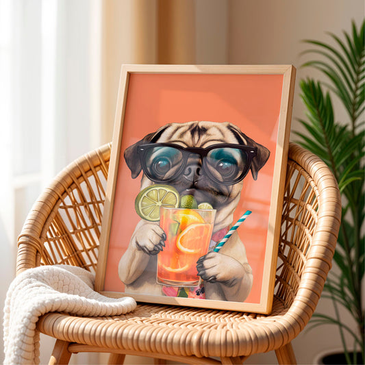 a picture of a pug dog wearing glasses holding a drink