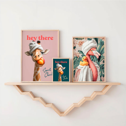 a shelf with two books and a giraffe on it