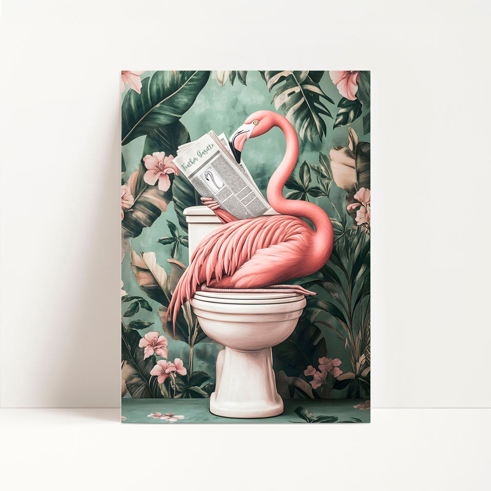 a pink flamingo sitting on top of a toilet