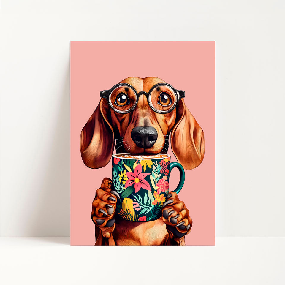 a card with a dachshund wearing glasses holding a coffee cup